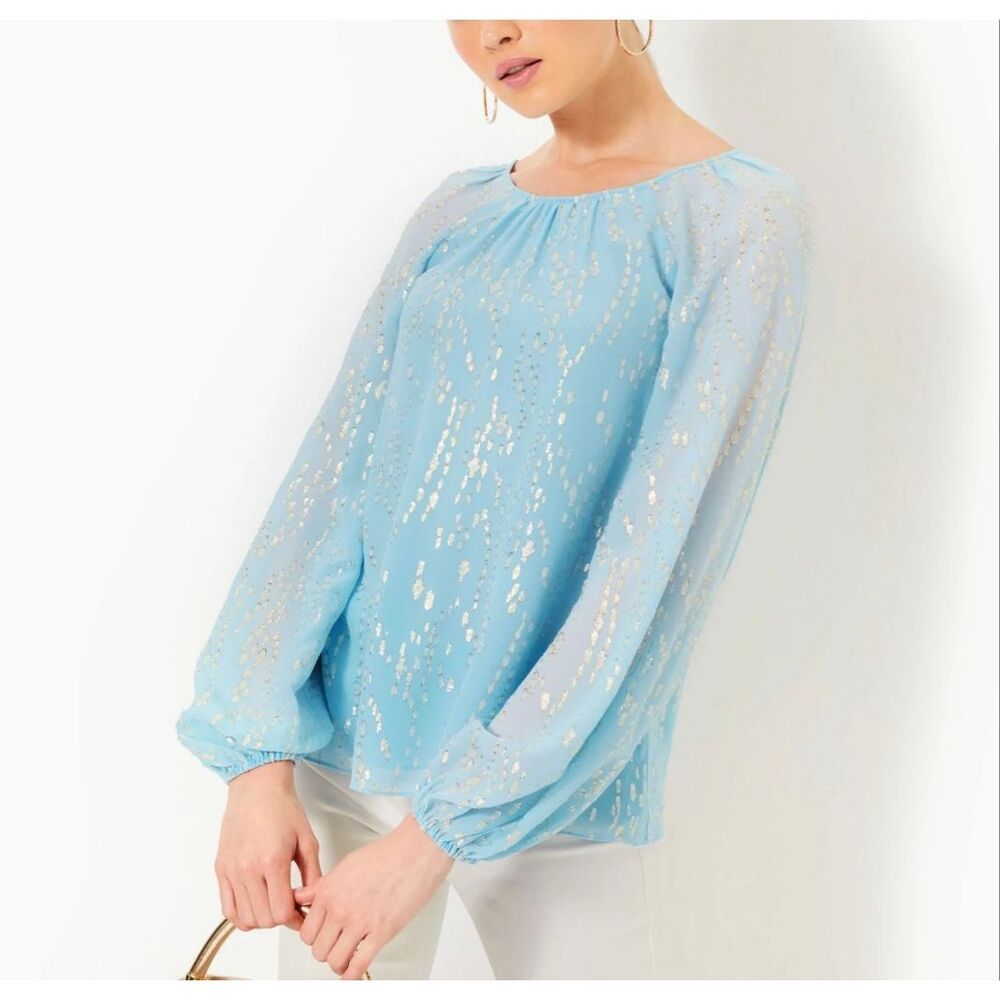 Lilly Pulitzer Noraleen Bonaire blue fish silk clip dot blouse size small - Picture 9 of 10